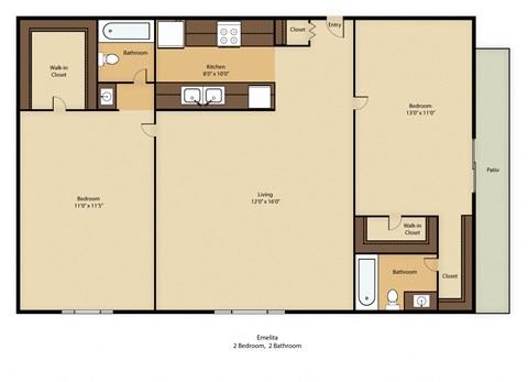 A floor plan of a home with two bedrooms, two bathrooms, and a kitchen.